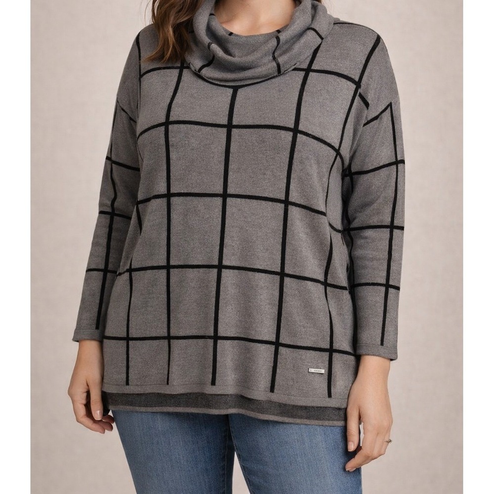 Calvin Klein Women's Large Cowl Neck Sweater Gray Black Windowpane Plaid
